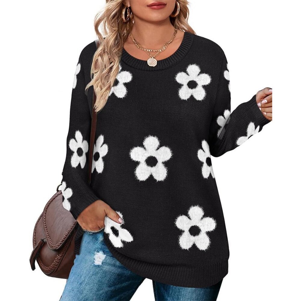 Plus Size Sweater Women Acrylic Polyamide Knit Crew Neck Floral Long Sleeve